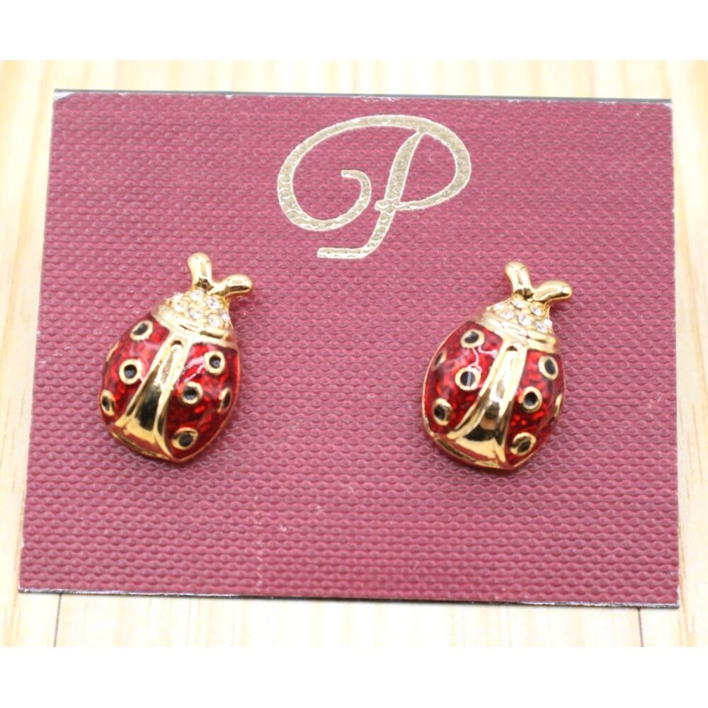 Ladybug Stud Earrings Red Enamel Crystal Rhinestones Pierced Gold-Tone Good Luck
